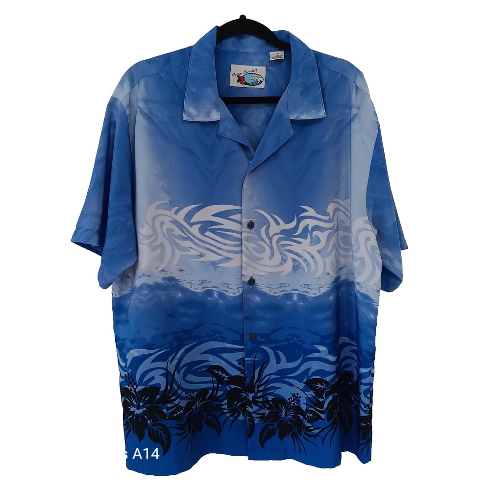 Ocean Current Men's Shirt L Blue Abstract Print‎ Button Front Short Sleeve